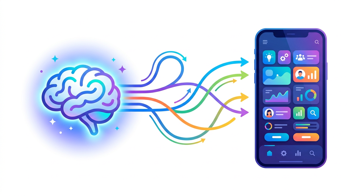 Brain connected to a smartphone — representing product thinking